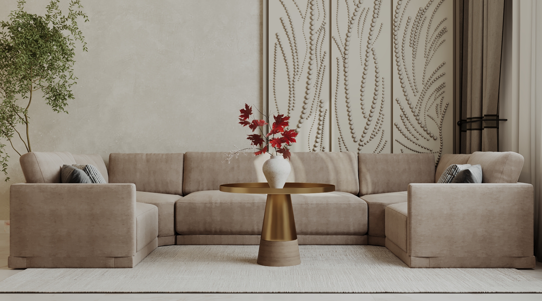 Warm minimalist living room with tailored sofa and sculptural wall art